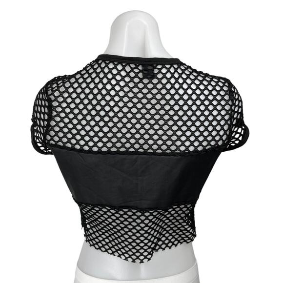 Shein Women's Black Cut Out Front Fishnet Mesh Short Sleeve Crop Blouse Top Sz L - Picture 2 of 5